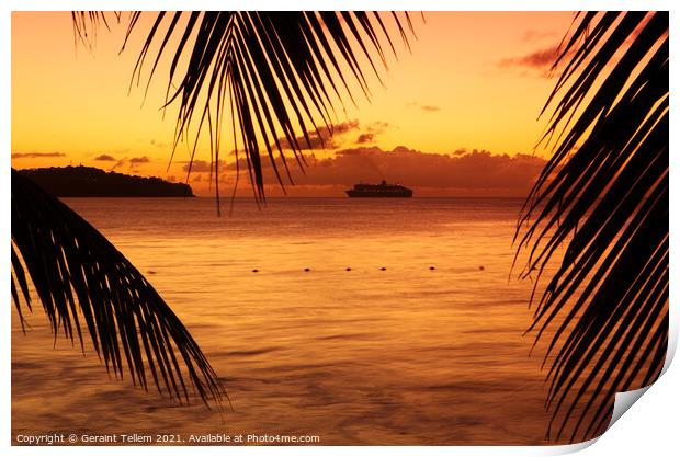 The Queen Mary II anchored off Castreis at sunset from Almond Morgan Bay, St Lucia, Caribbean Print by Geraint Tellem ARPS