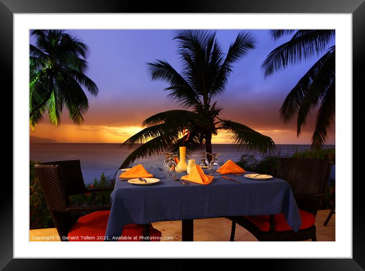 Dining table at sunset, Almond Morgan Bay Resort, St Lucia, Caribbean Framed Mounted Print by Geraint Tellem ARPS