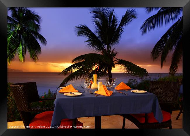 Dining table at sunset, Almond Morgan Bay Resort, St Lucia, Caribbean Framed Print by Geraint Tellem ARPS