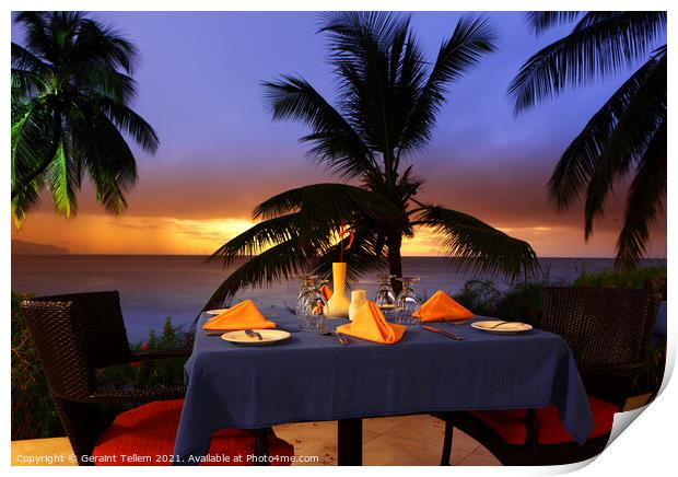 Dining table at sunset, Almond Morgan Bay Resort, St Lucia, Caribbean Print by Geraint Tellem ARPS