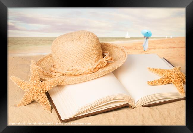 Straw Hat On Beach Book Framed Print by Amanda Elwell