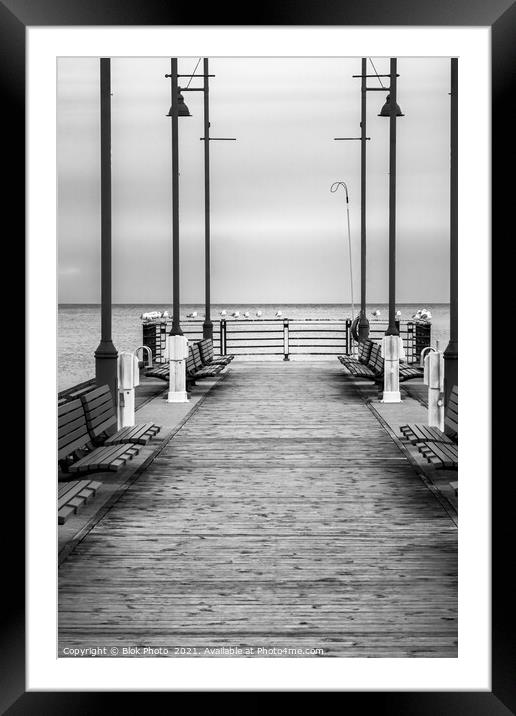 Lake Pier - A deserted tranquil boardwalk, black & white. Framed Mounted Print by Blok Photo 