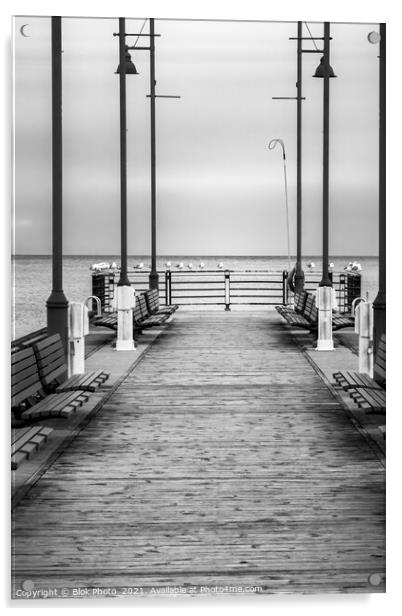 Lake Pier - A deserted tranquil boardwalk, black & white. Acrylic by Blok Photo 