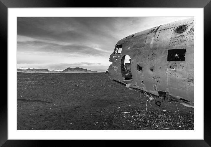 iceland plane wreck monochrome Framed Mounted Print by Jonathon barnett