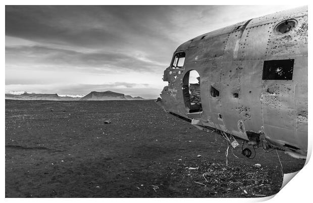 iceland plane wreck monochrome Print by Jonathon barnett