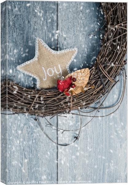 Christmas Wreath With Joy Star Canvas Print by Amanda Elwell