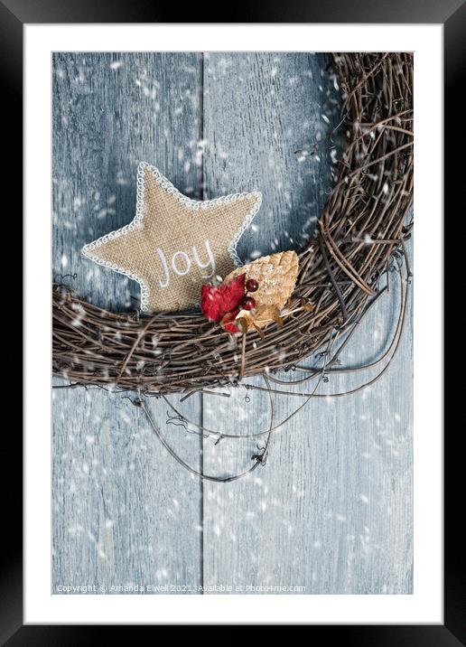 Christmas Wreath With Joy Star Framed Mounted Print by Amanda Elwell