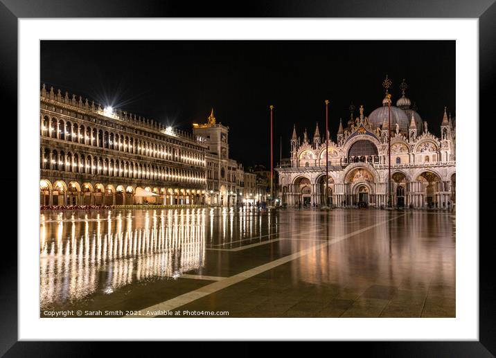 St Mark's Basilica stands in a flooded piazza at night Framed Mounted Print by Sarah Smith