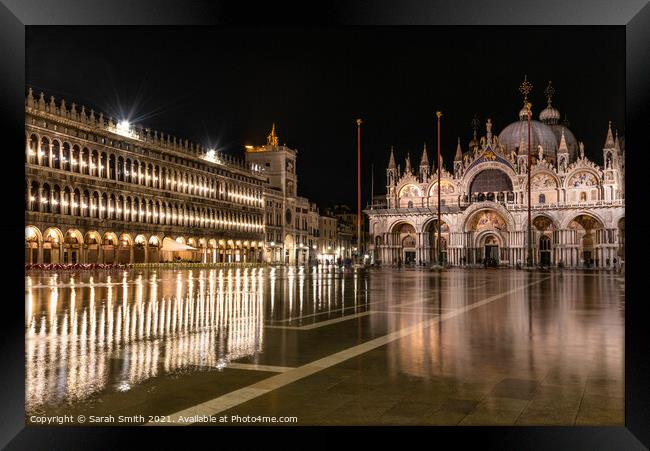 St Mark's Basilica stands in a flooded piazza at night Framed Print by Sarah Smith