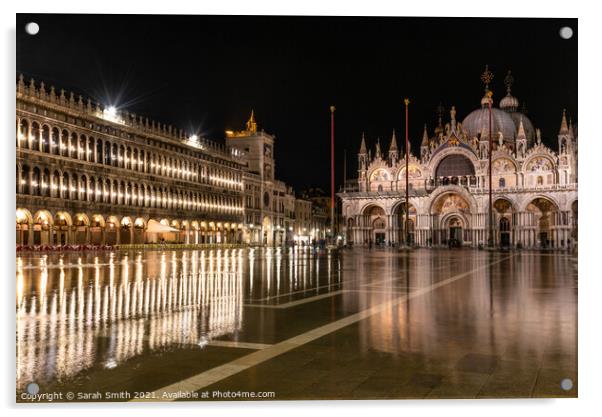 St Mark's Basilica stands in a flooded piazza at night Acrylic by Sarah Smith