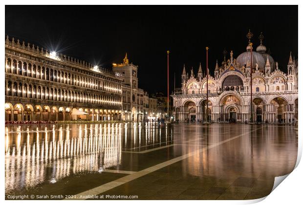 St Mark's Basilica stands in a flooded piazza at night Print by Sarah Smith