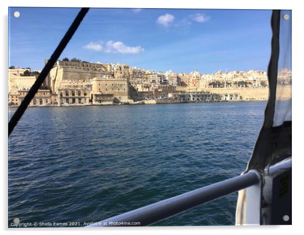 Valletta, Malta, from a boat in the Harbour.  Acrylic by Sheila Eames