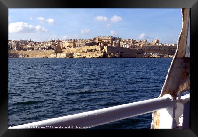 Valletta, Malta, from a harbour boat Framed Print by Sheila Eames