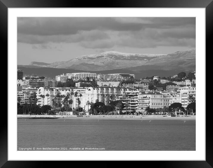 Monochrome A view of the Carlton hotel in Cannes Framed Mounted Print by Ann Biddlecombe