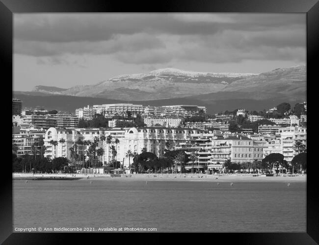 Monochrome A view of the Carlton hotel in Cannes Framed Print by Ann Biddlecombe