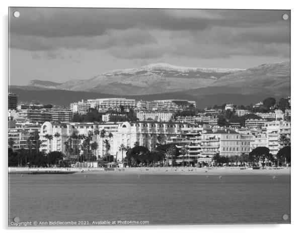 Monochrome A view of the Carlton hotel in Cannes Acrylic by Ann Biddlecombe