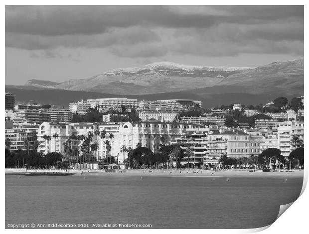 Monochrome A view of the Carlton hotel in Cannes Print by Ann Biddlecombe
