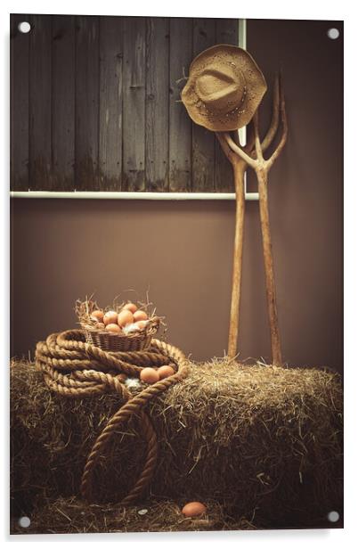 Eggs In The Barn With Pitch Forks Acrylic by Amanda Elwell