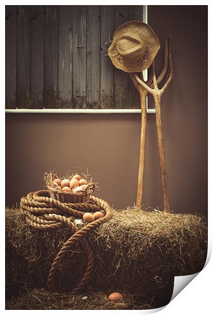 Eggs In The Barn With Pitch Forks Print by Amanda Elwell
