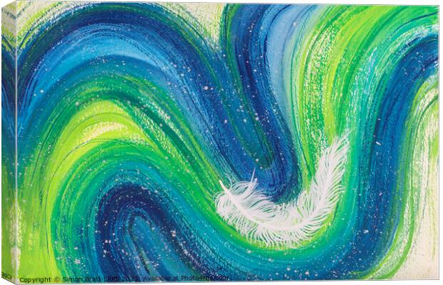 Spiritual white feather abstract on colourful waves Canvas Print by Simon Bratt LRPS