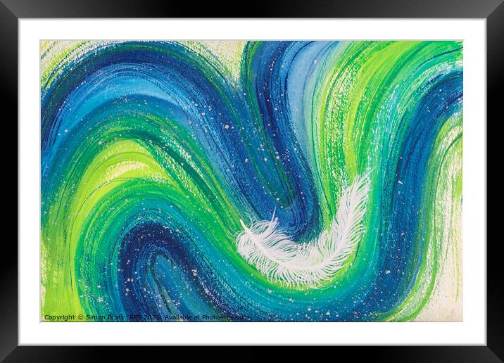Spiritual white feather abstract on colourful waves Framed Mounted Print by Simon Bratt LRPS