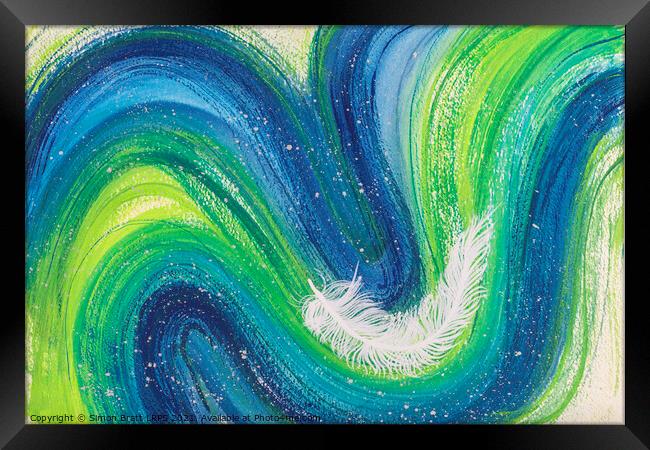 Spiritual white feather abstract on colourful waves Framed Print by Simon Bratt LRPS