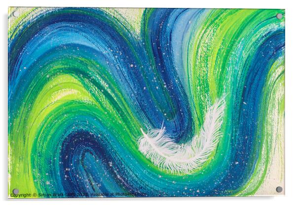 Spiritual white feather abstract on colourful waves Acrylic by Simon Bratt LRPS