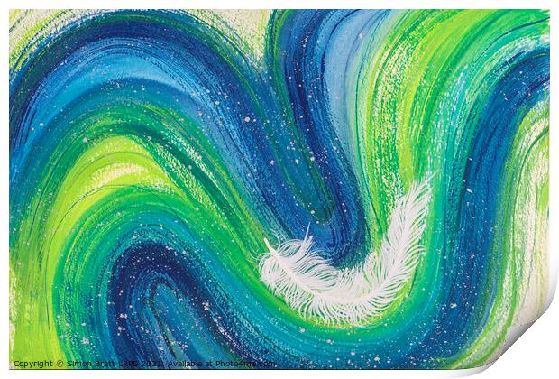 Spiritual white feather abstract on colourful waves Print by Simon Bratt LRPS