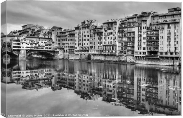 Ponte Vecchio over the Arno Florence in Monochrome Canvas Print by Diana Mower