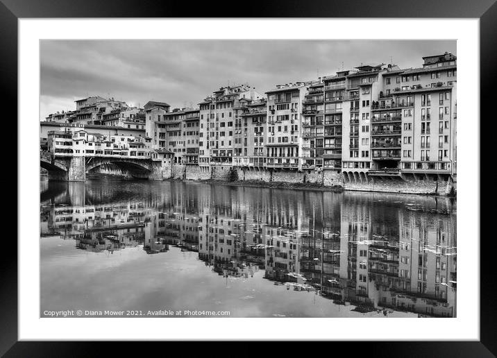 Ponte Vecchio over the Arno Florence in Monochrome Framed Mounted Print by Diana Mower