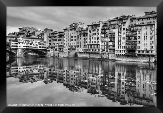 Ponte Vecchio over the Arno Florence in Monochrome Framed Print by Diana Mower