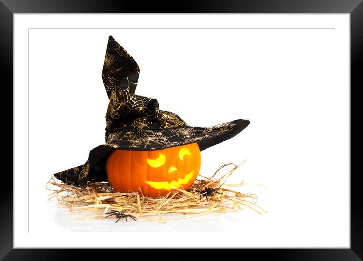 Halloween Pumpkin With Witches Hat Framed Mounted Print by Amanda Elwell
