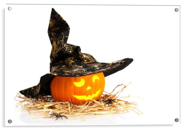 Halloween Pumpkin With Witches Hat Acrylic by Amanda Elwell