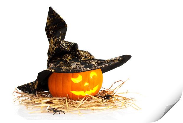 Halloween Pumpkin With Witches Hat Print by Amanda Elwell