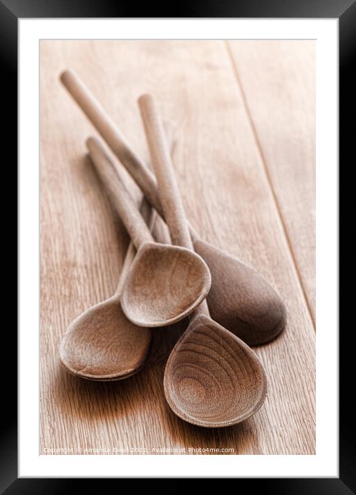 Old Rustic Wooden Spoons Framed Mounted Print by Amanda Elwell