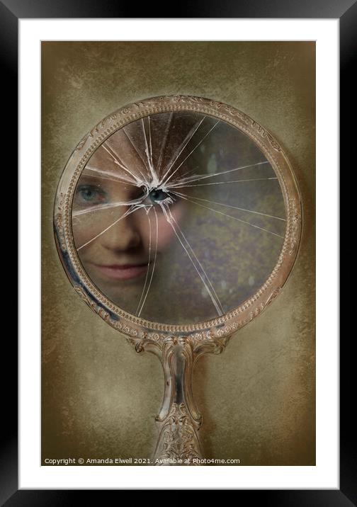 Face In Broken Mirror Framed Mounted Print by Amanda Elwell