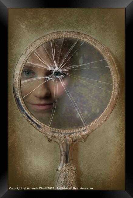 Face In Broken Mirror Framed Print by Amanda Elwell