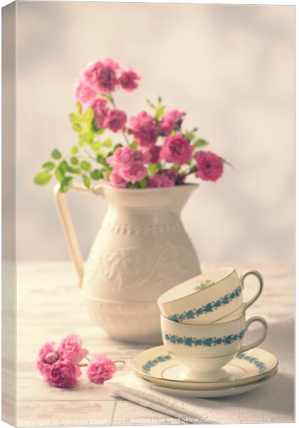 Vintage Teacups With Roses Canvas Print by Amanda Elwell