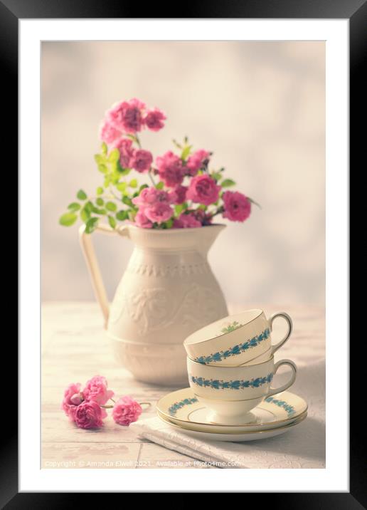 Vintage Teacups With Roses Framed Mounted Print by Amanda Elwell