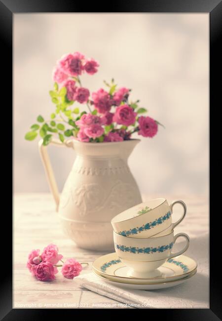 Vintage Teacups With Roses Framed Print by Amanda Elwell