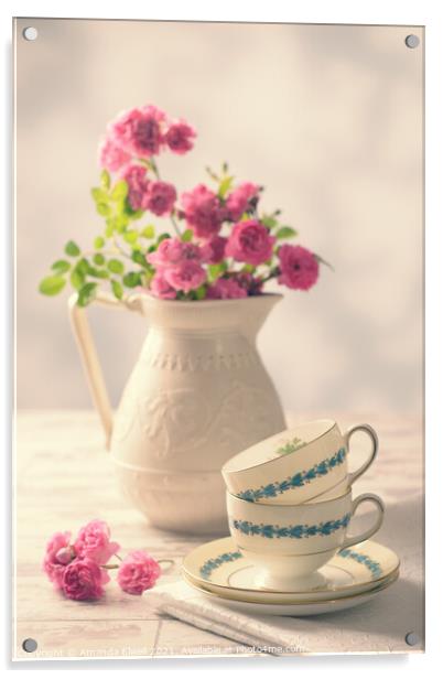 Vintage Teacups With Roses Acrylic by Amanda Elwell