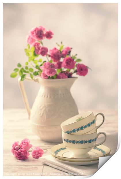 Vintage Teacups With Roses Print by Amanda Elwell