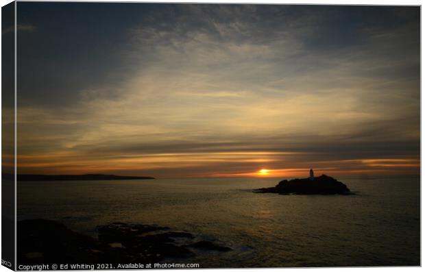 Sunset over Godrevy looking towards St Ives Canvas Print by Ed Whiting
