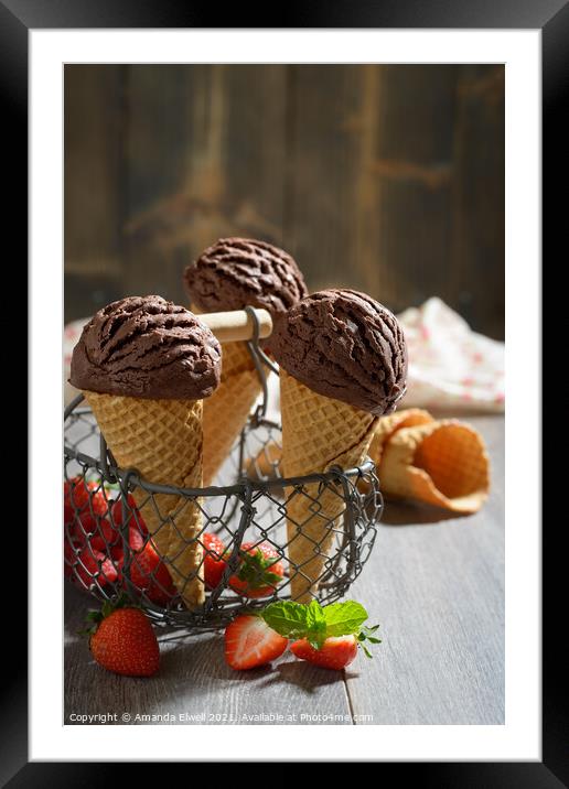Chocolate Ice Cream With Strawberries Framed Mounted Print by Amanda Elwell