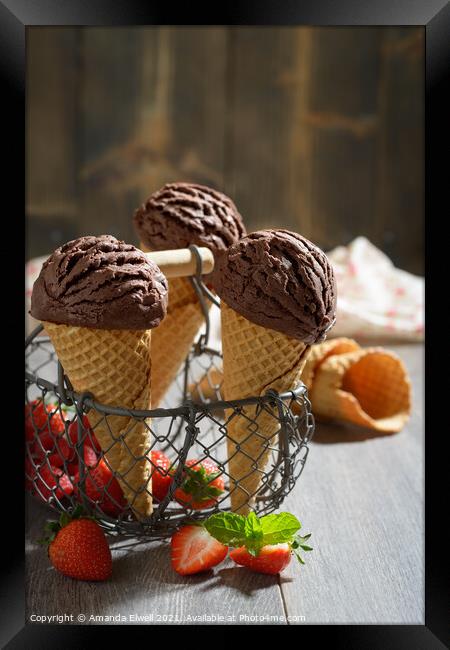 Chocolate Ice Cream With Strawberries Framed Print by Amanda Elwell