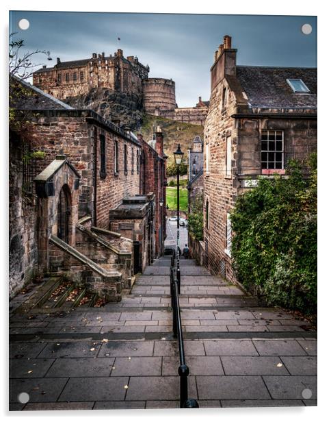 The Vennel and Edinburgh Castle Acrylic by John Frid