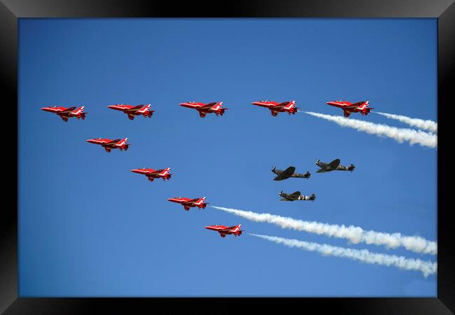 Red Arrows with the BBMF Spitfires Framed Print by J Biggadike