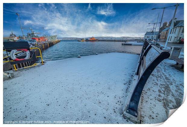 Lerwick Harbour in the snow Print by Richard Ashbee