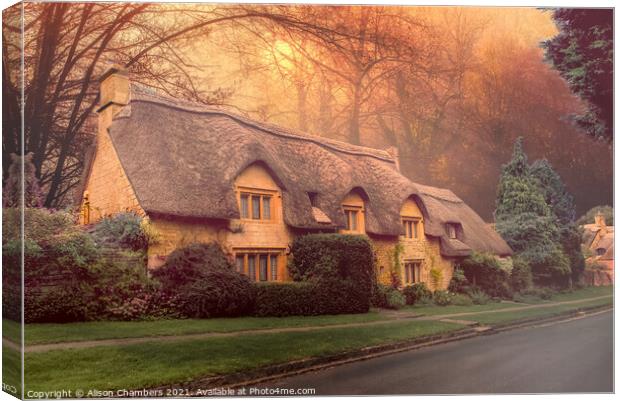 Misty Woodland Cottage Canvas Print by Alison Chambers
