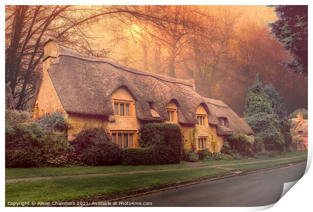 Misty Woodland Cottage Print by Alison Chambers